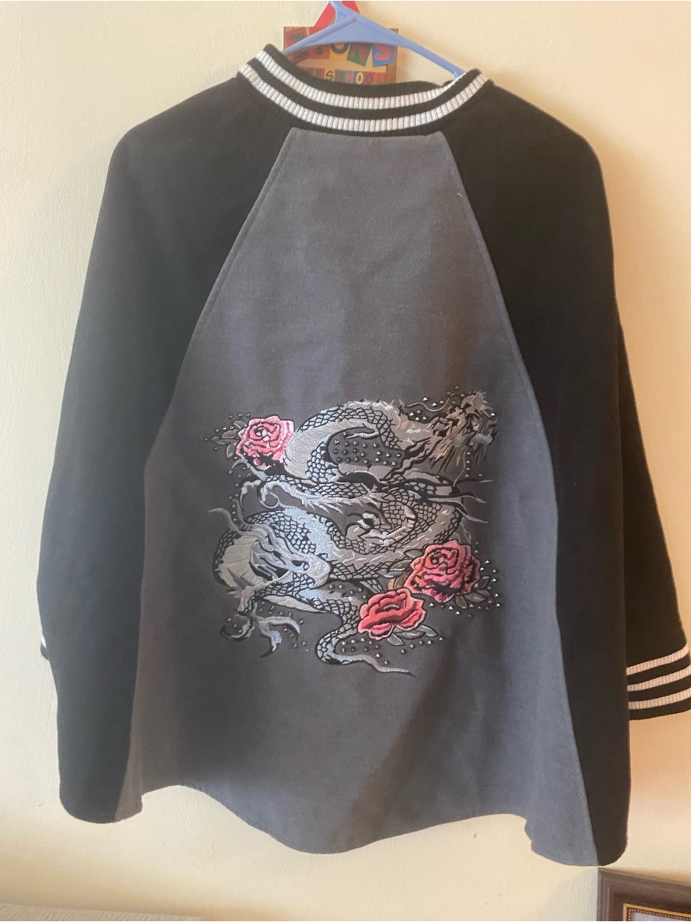 Steve Madden Black & Gray Dragon Embroidered Jacket with Pink Roses